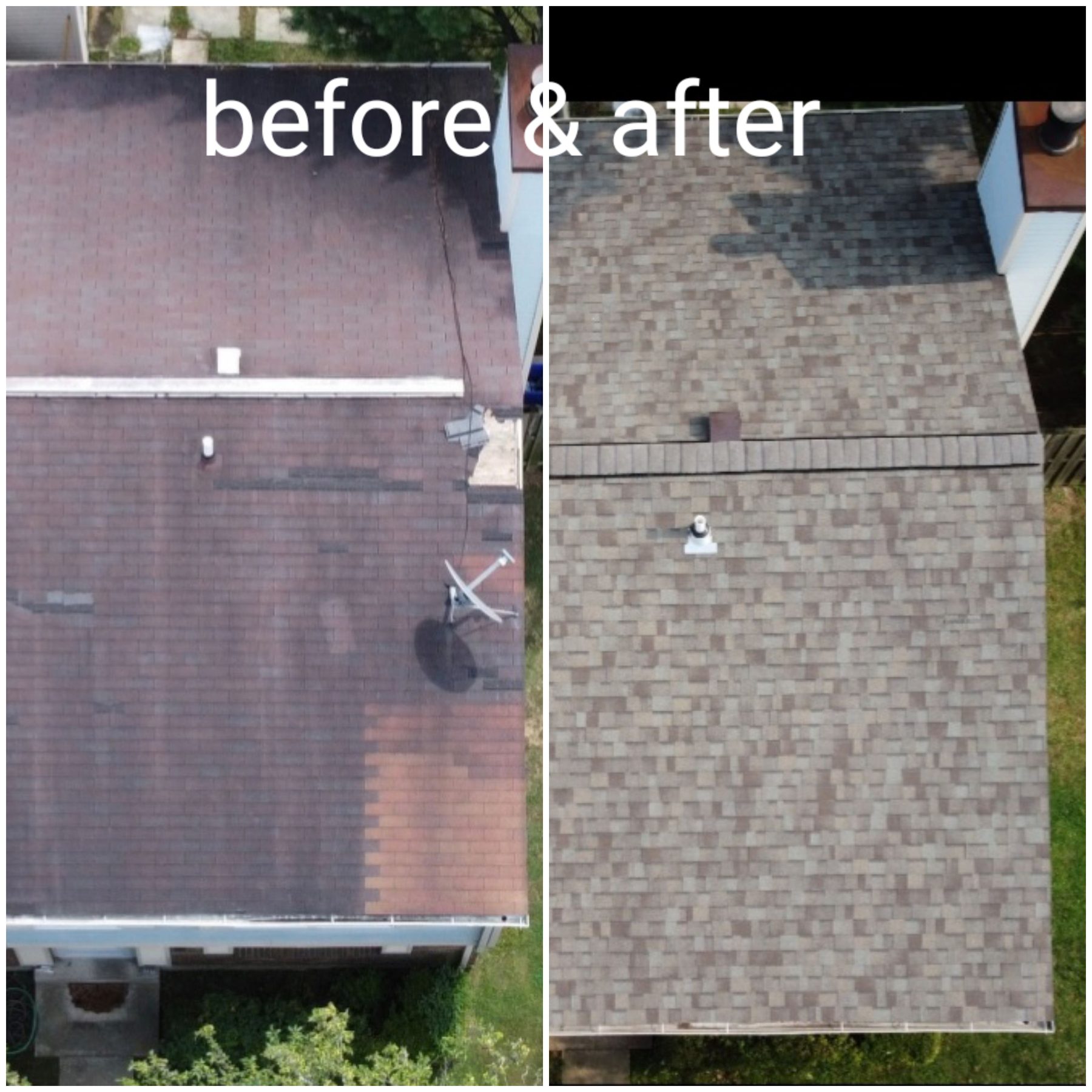 Aerial before-and-after comparison of a worn roof and the finished replacement