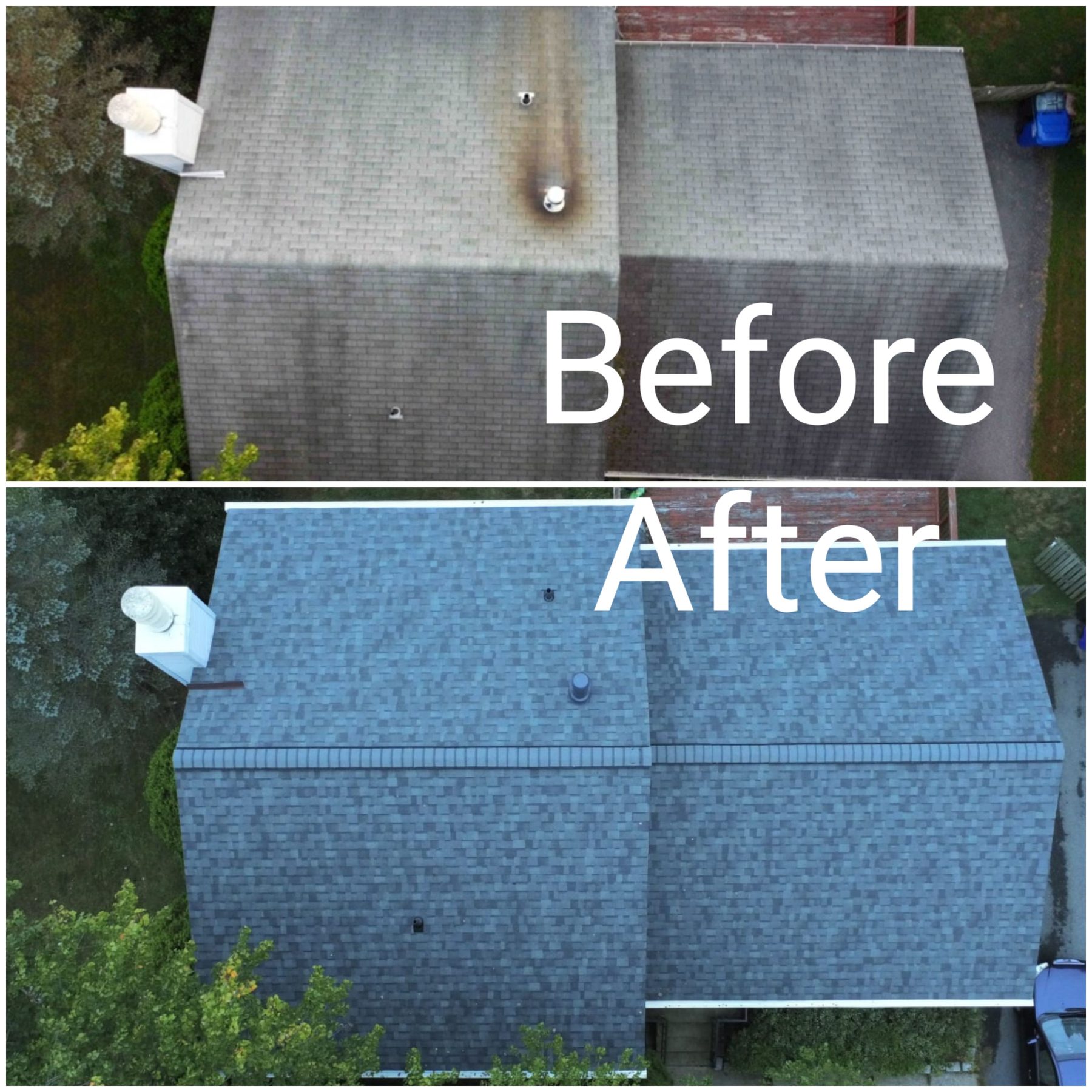 Before-and-after aerial view of an Apex Roofing and Construction roof replacement