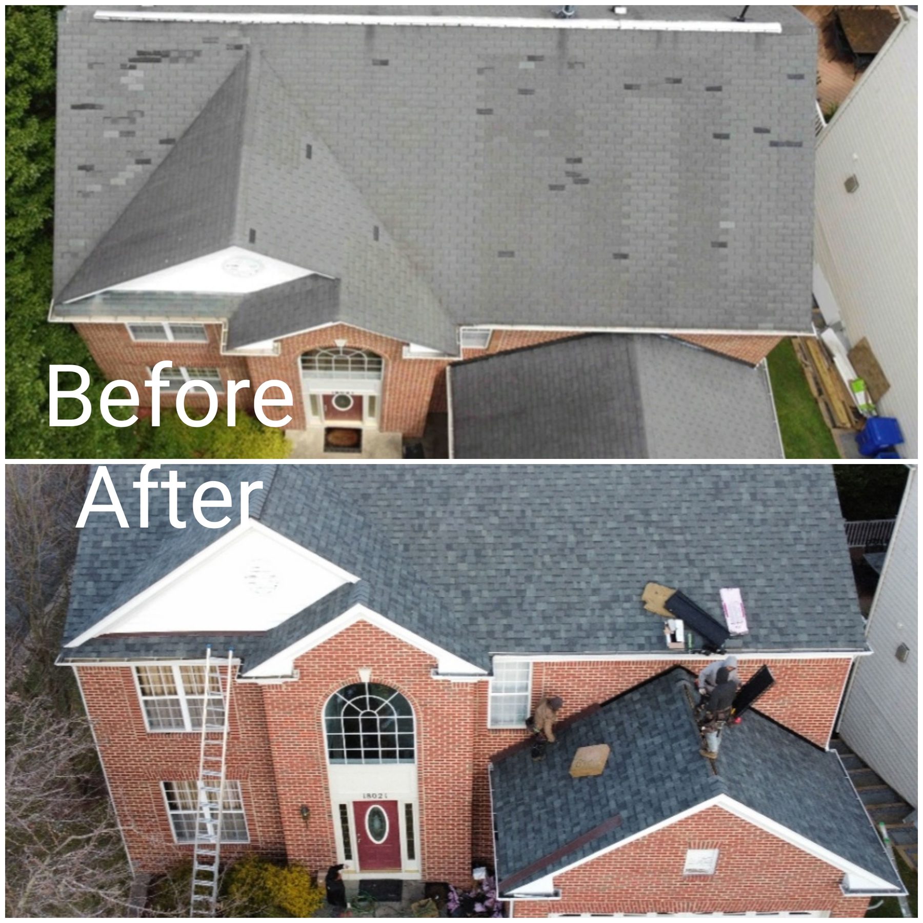 Before-and-after drone photo of a residential roof replaced with new architectural shingles