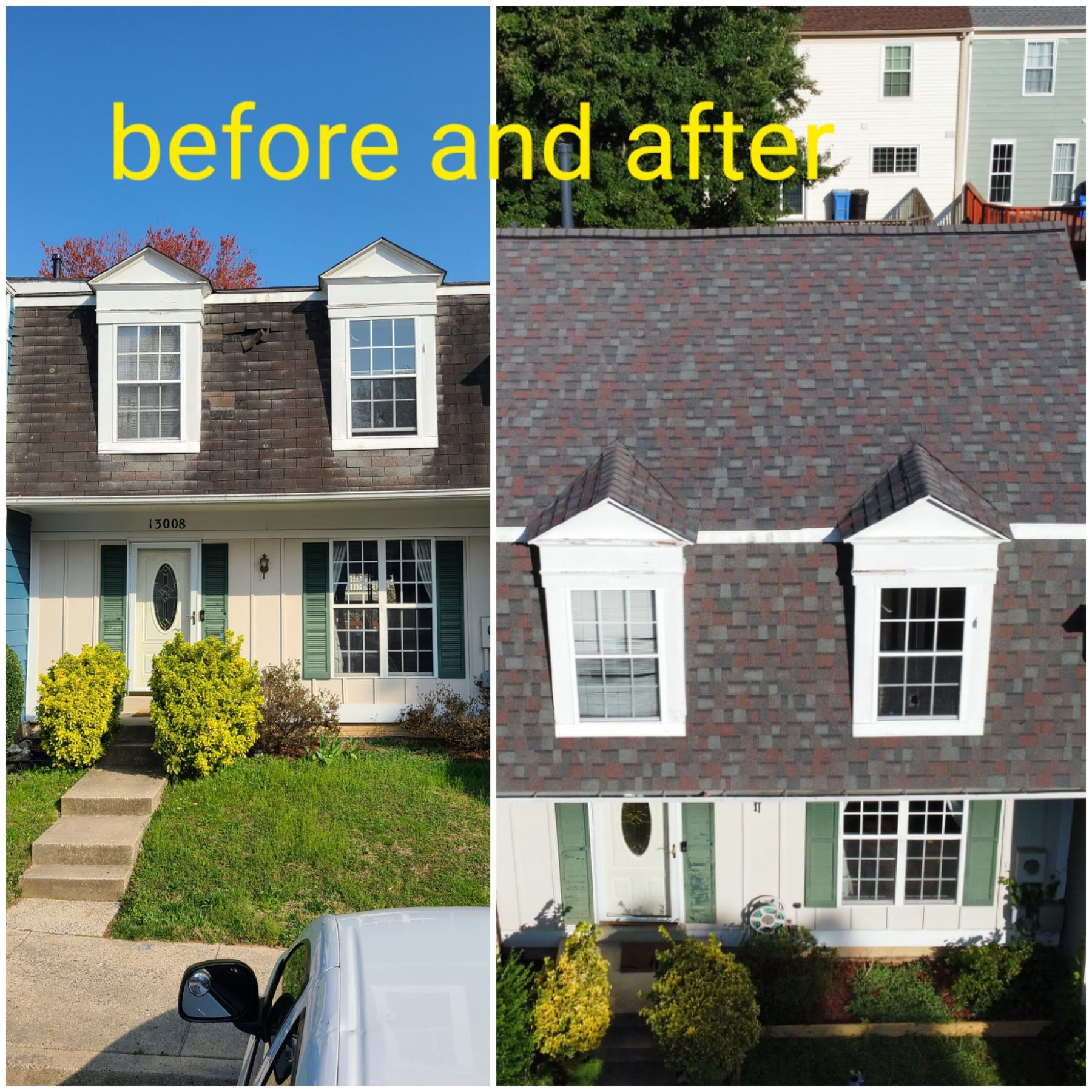 Drone before-and-after of a shingle roof replacement on a single-family home