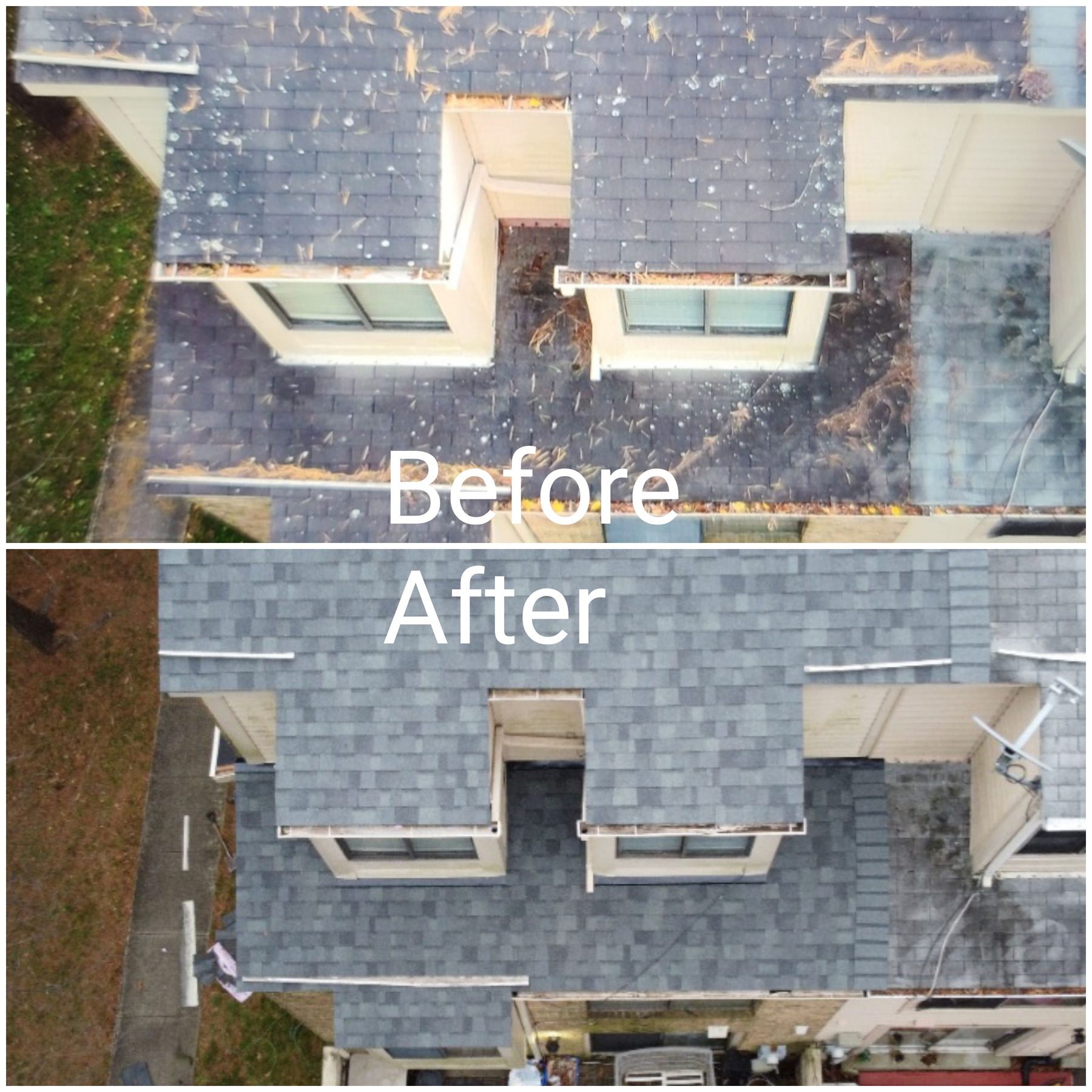 Drone before-and-after showing an aged roof and the completed shingle replacement