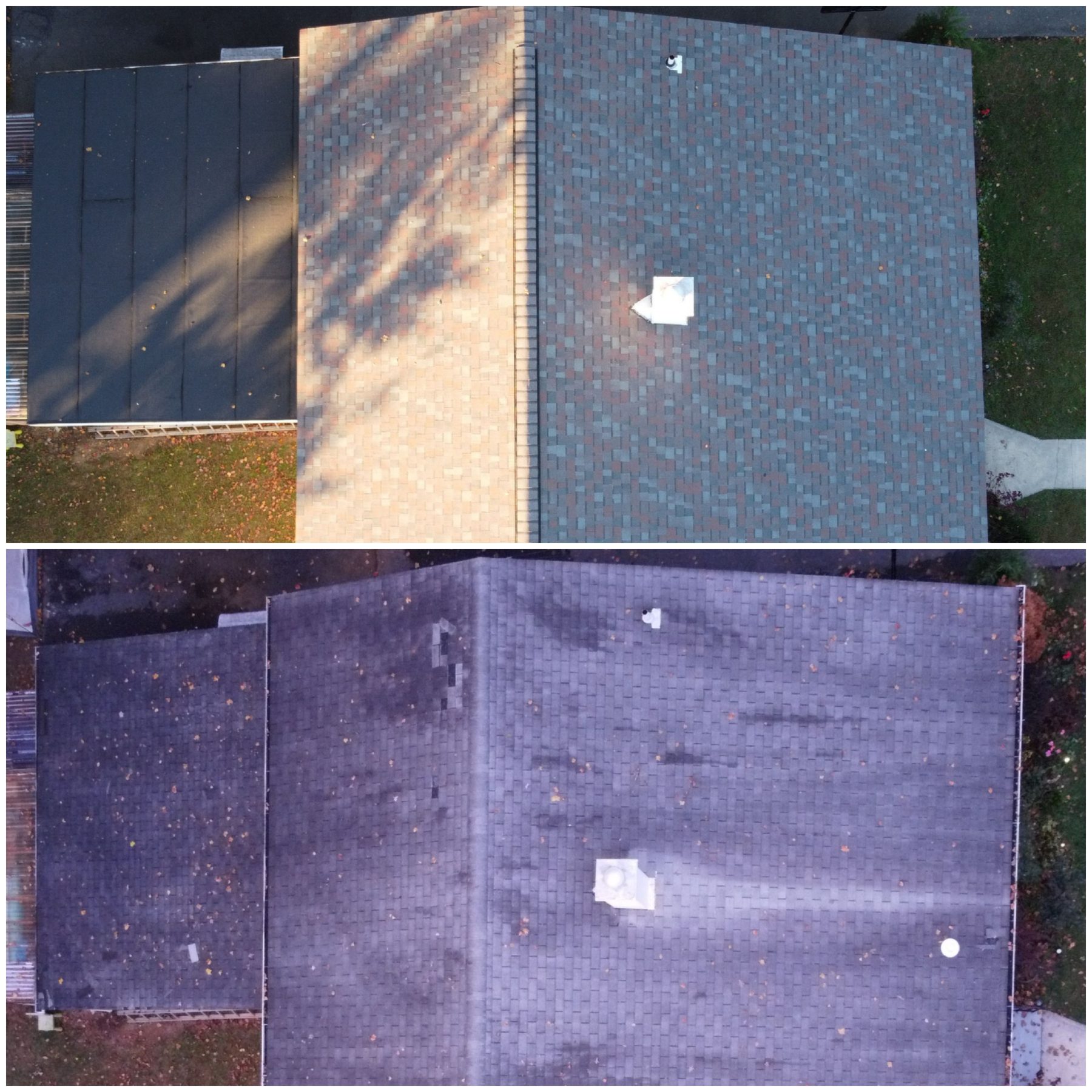 Drone before-and-after of a roof replacement: worn shingles above, new shingle roof below